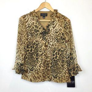 Spenser Jeremy Brown Animal Print 100% Silk Ruffle Blouse, Size 4, NWT